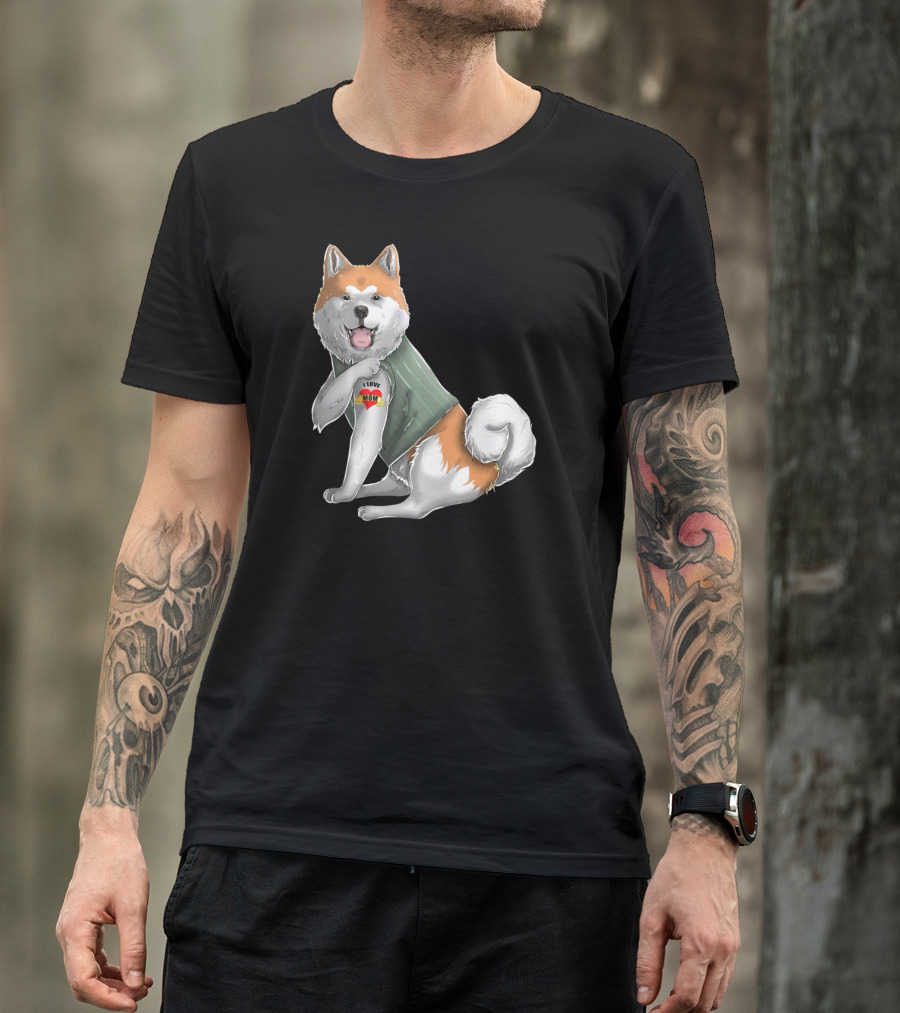 Akita Inu I Love Mom Tattoo Dog With Heart Tattoo Wearing Vest T-Shirt