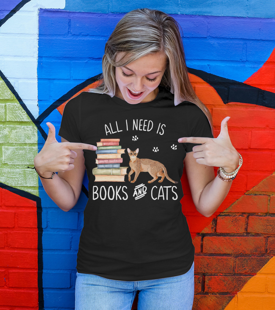 All I Need Is Books And Cats With Stack Of Colorful Books And Cat Paws T-Shirt
