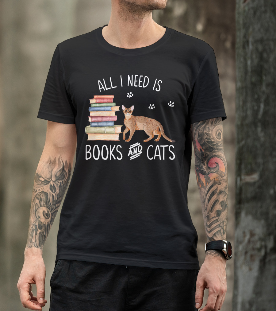All I Need Is Books And Cats With Stack Of Colorful Books And Cat Paws T-Shirt