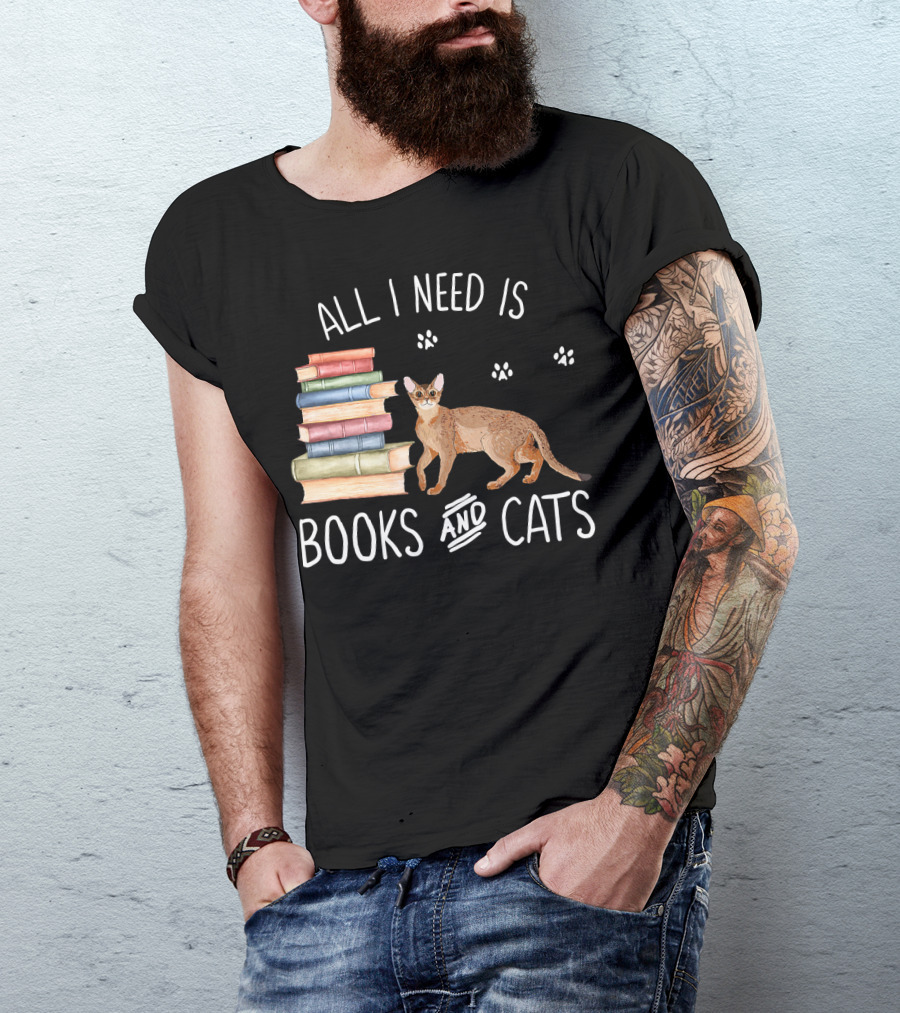 All I Need Is Books And Cats With Stack Of Colorful Books And Cat Paws T-Shirt