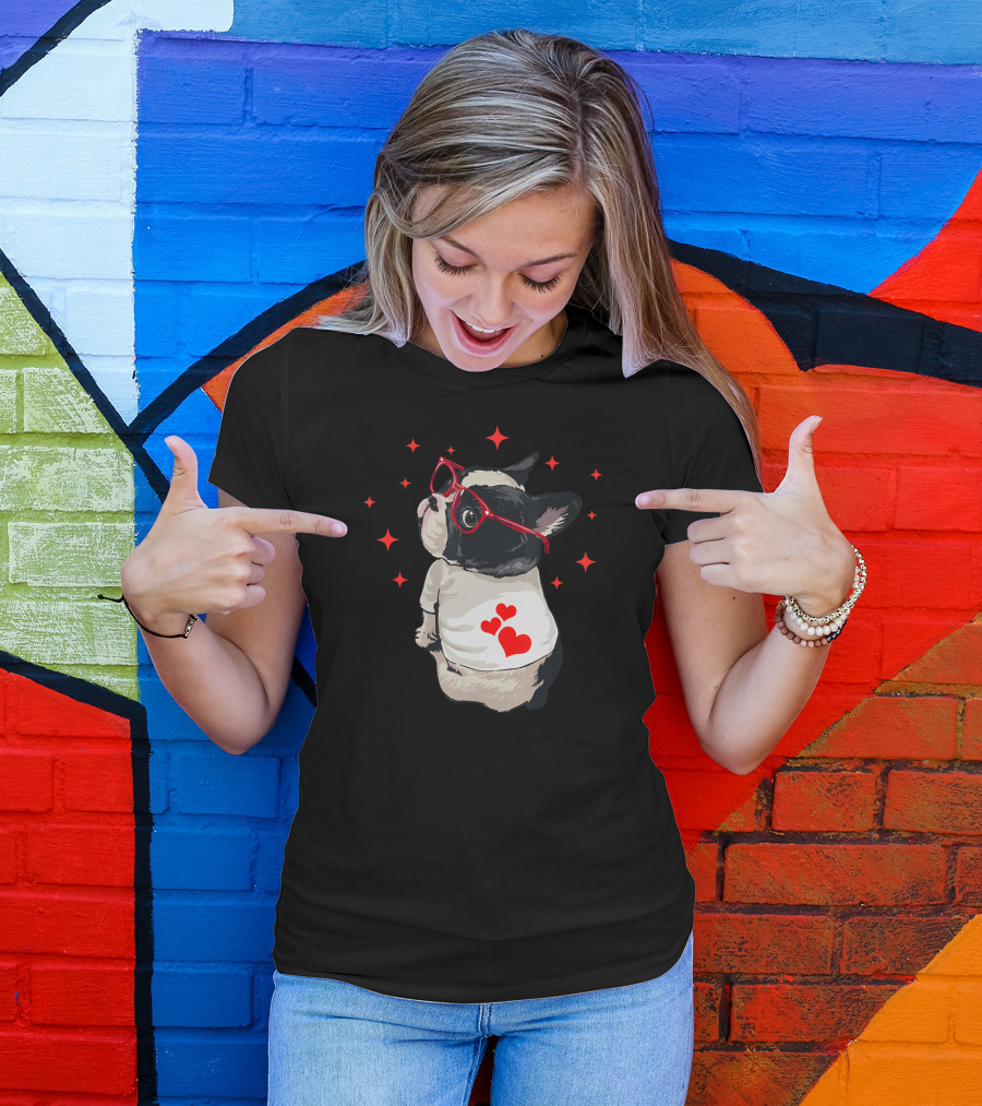 American Boston Terrier Red Glasses Hearts Stars T-Shirt