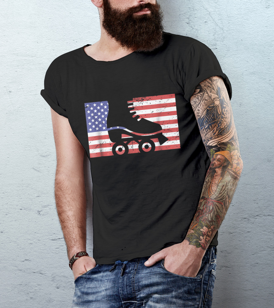American Flag With Roller Skate T-Shirt
