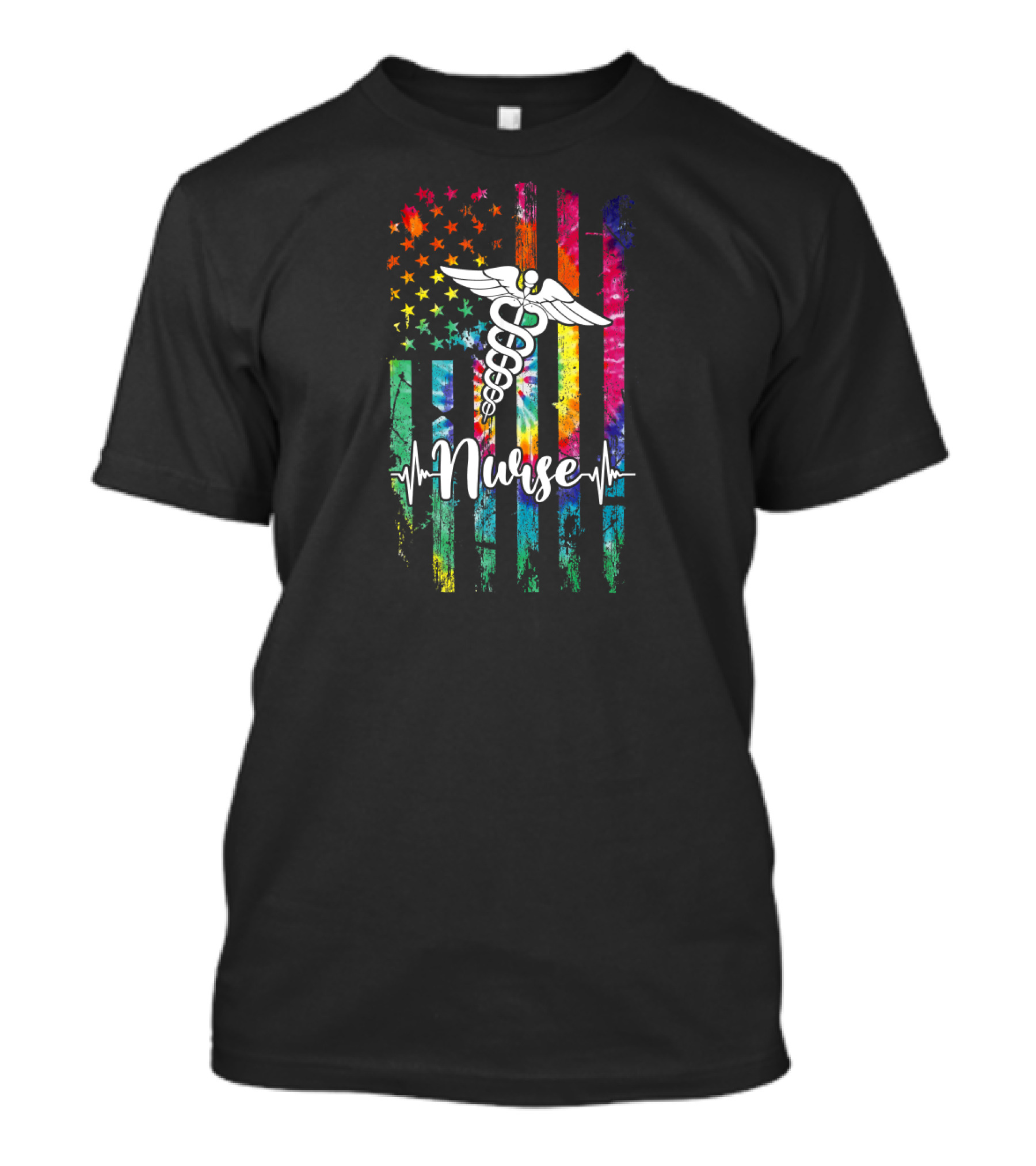 American Flag Tie Dye Nurse Caduceus Heartbeat T-Shirt