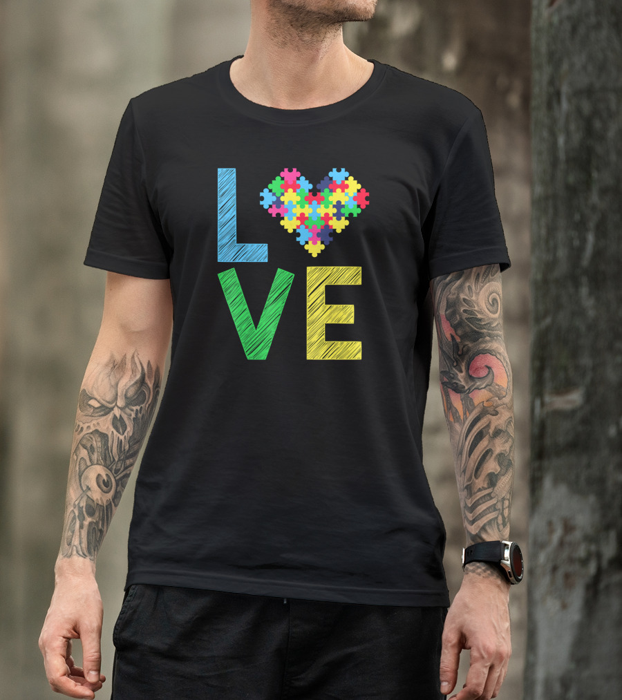 Autism Awareness Love Puzzle Heart Colorful Letters T-Shirt