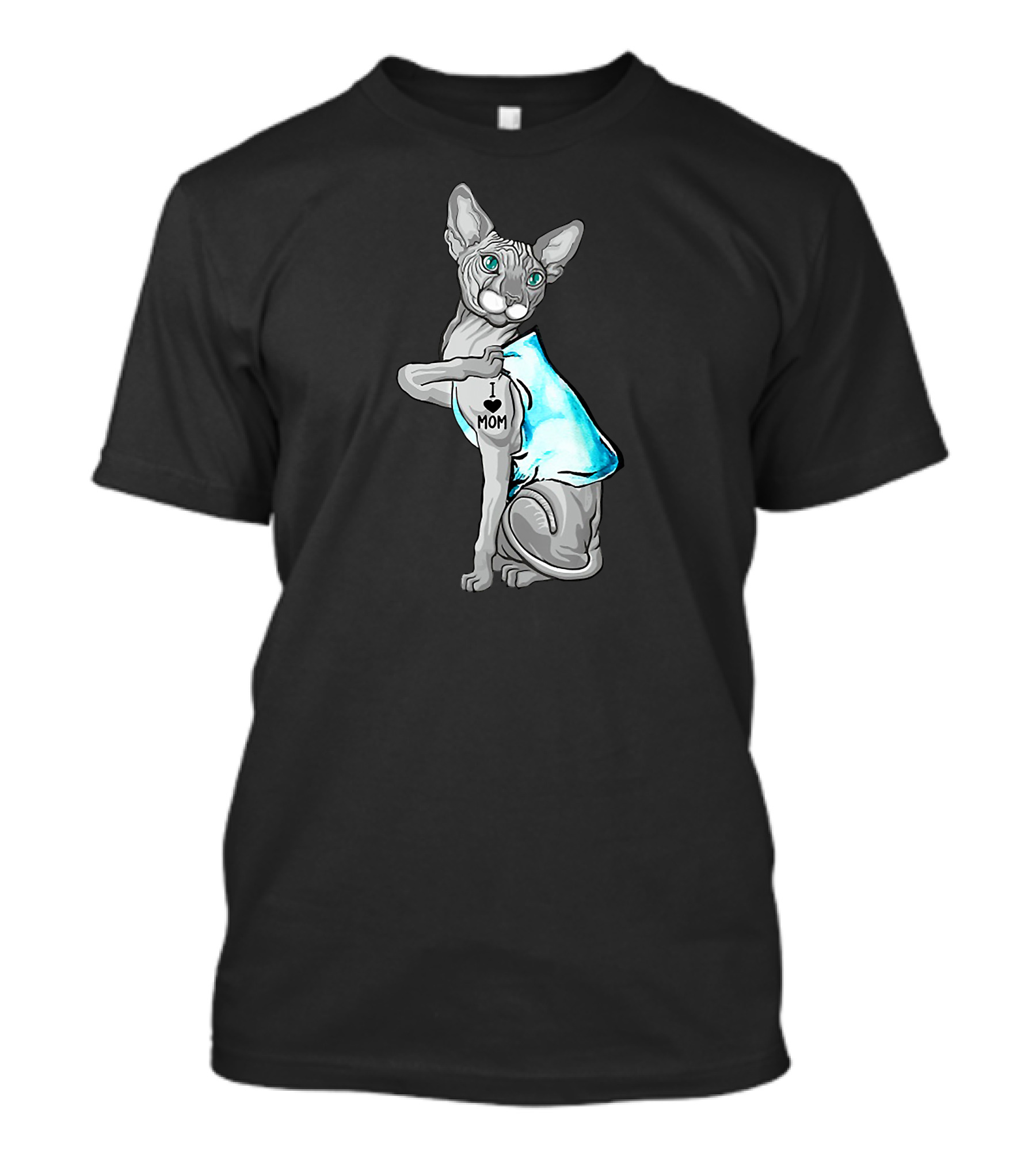 Badass Sphynx Cat I Love Mom Tattooed Blue T-Shirt