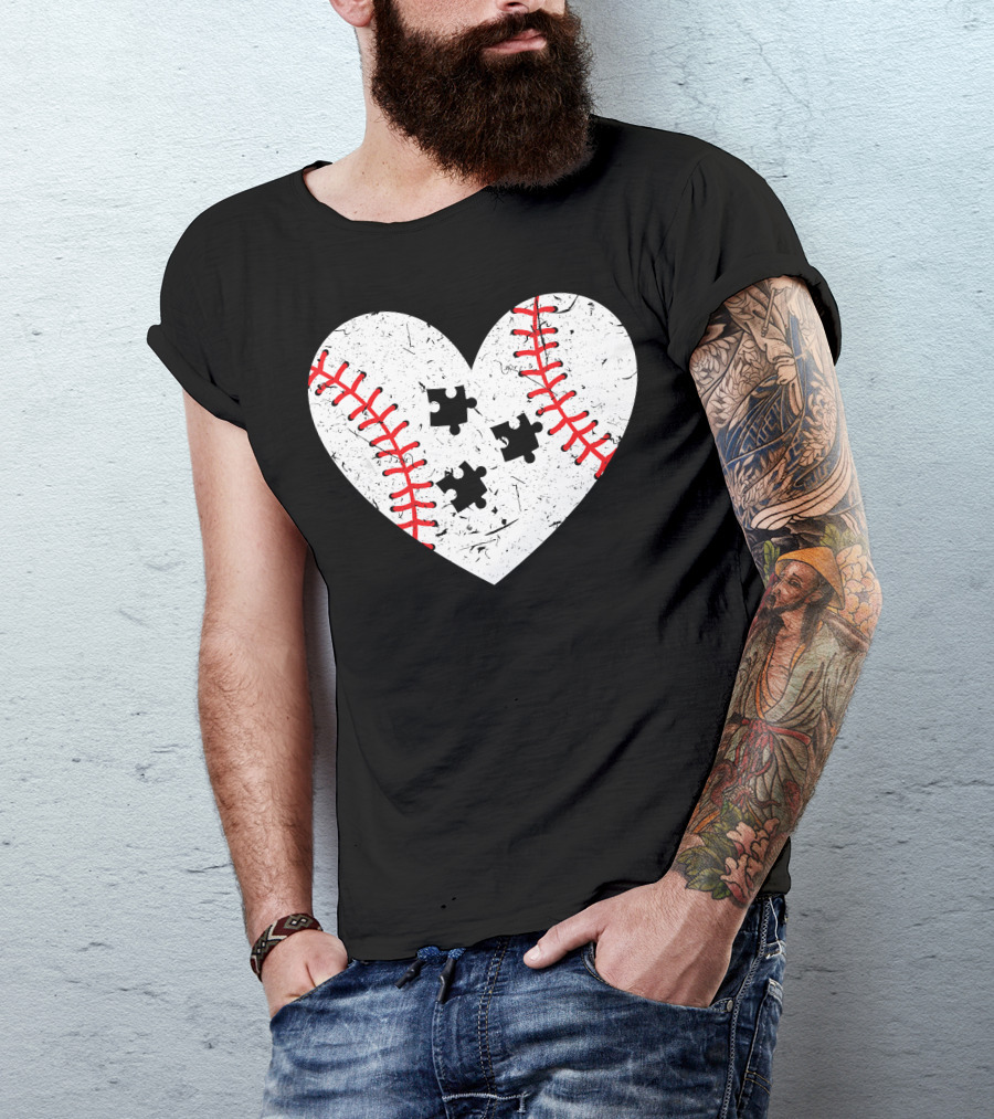 Baseball Heart Autism Puzzle Love T-Shirt
