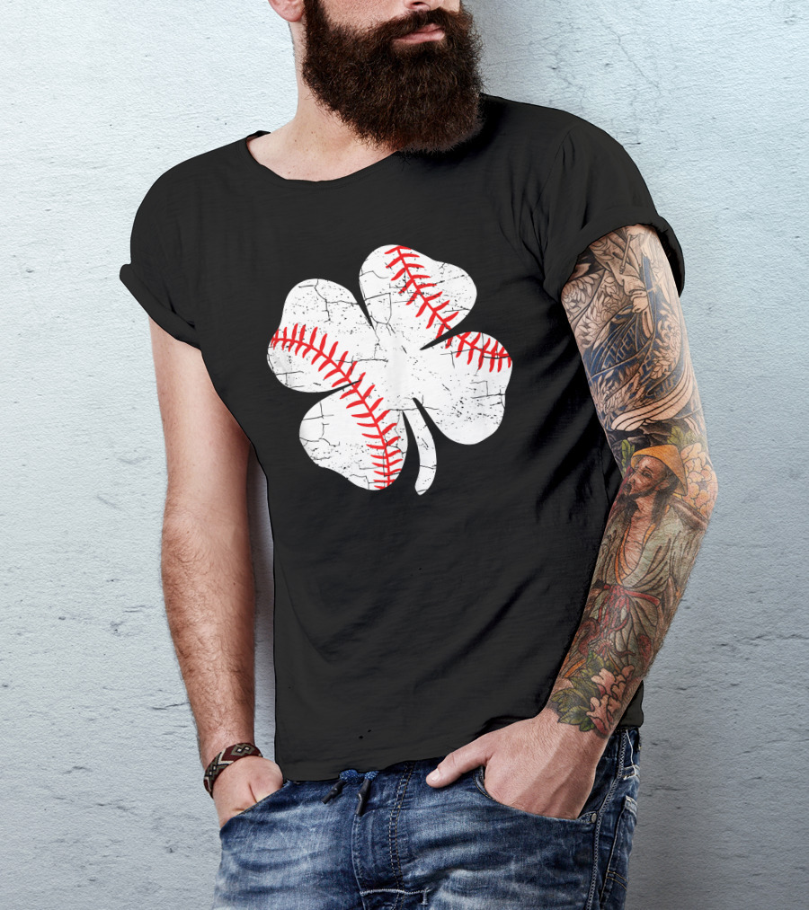 Baseball Patricks Day Boys Me Shamrock Stitch T-Shirt