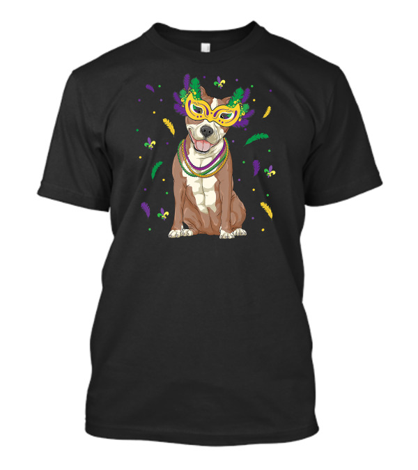 Mardi Gras Pitbull With Feathers And Beads Mask T-Shirt