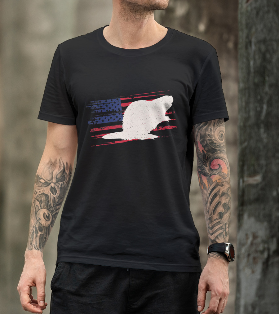 Beaver Silhouette Over Distressed US American Flag Rodent T-Shirt