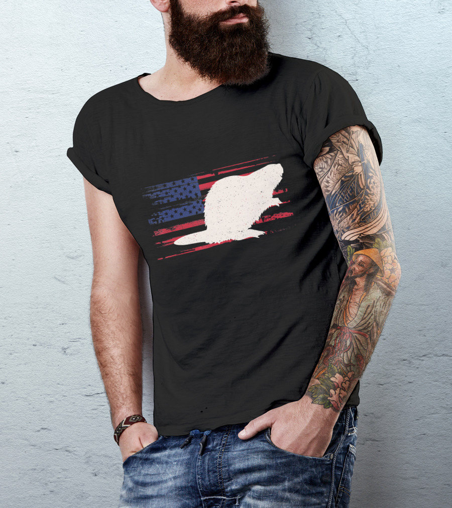 Beaver Silhouette Over Distressed US American Flag Rodent T-Shirt