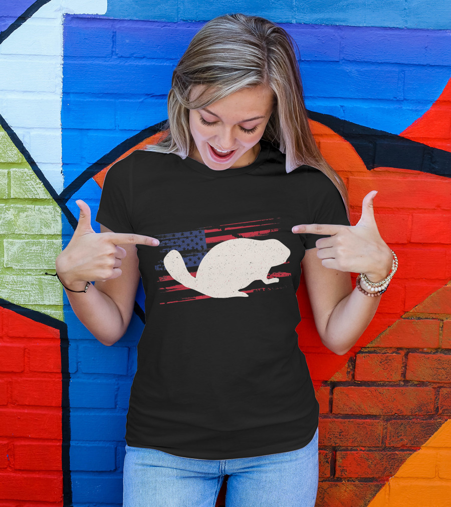 Beaver Silhouette On Distressed American Flag Rodent T-Shirt