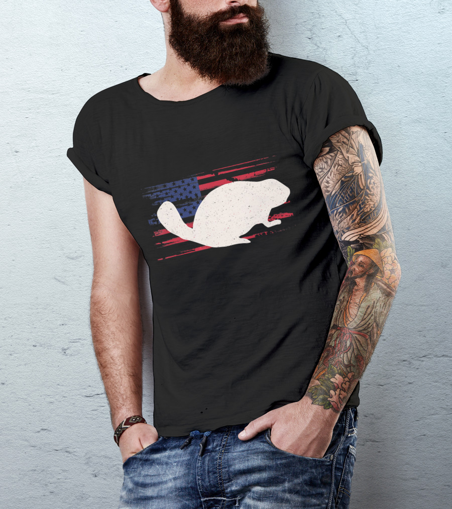 Beaver Silhouette On Distressed American Flag Rodent T-Shirt