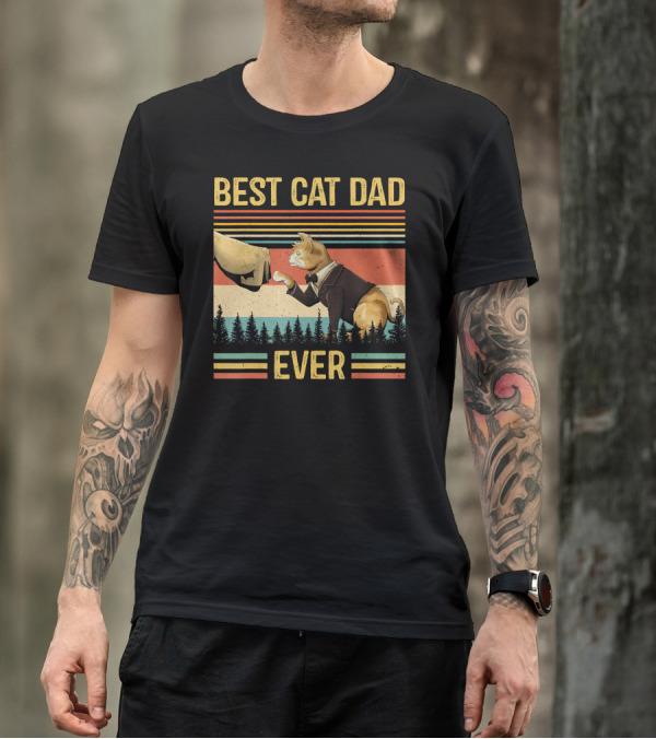 Best Cat Dad Ever Retro Paw Fist Bump Forest Stripes T-Shirt