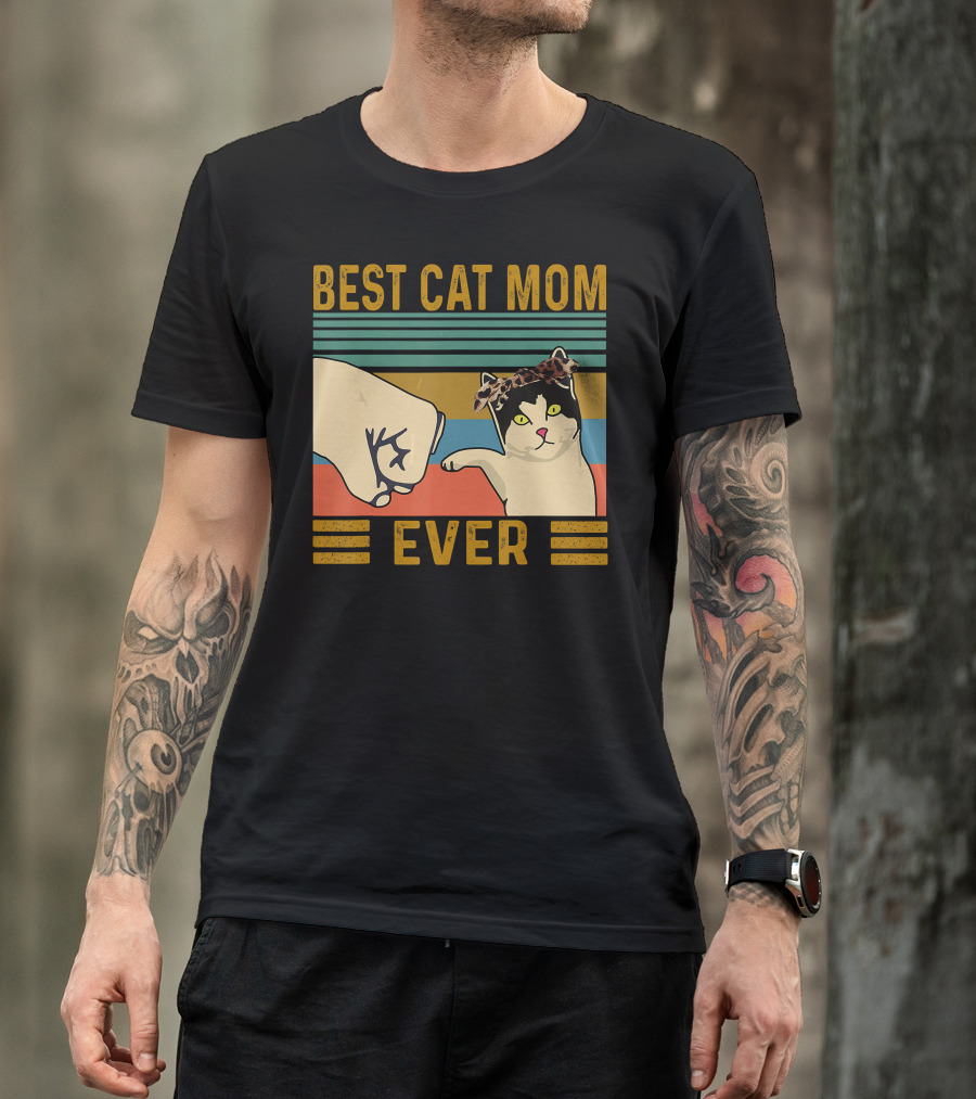 Best Cat Mom Ever Fist Bump Vintage Retro Cat With Headband T-Shirt