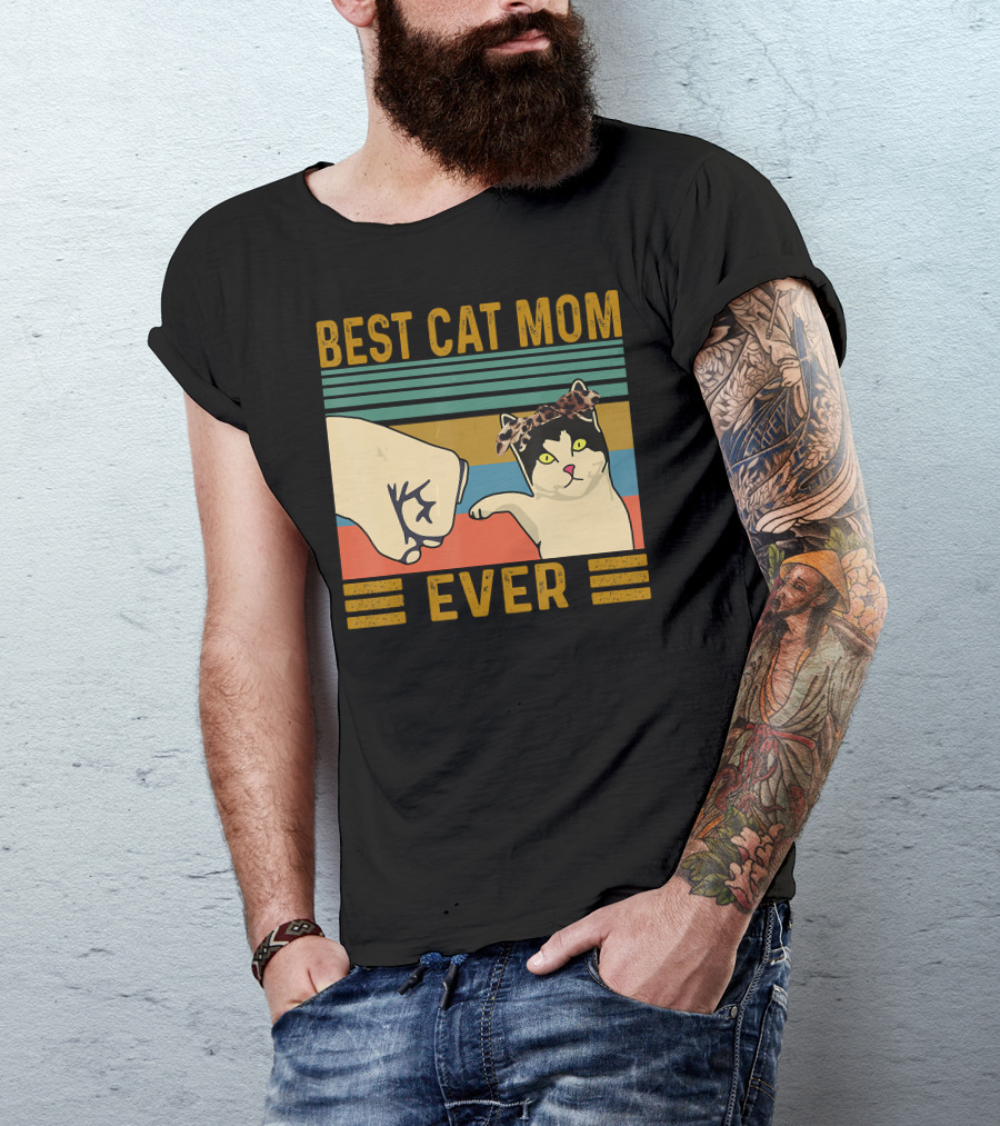 Best Cat Mom Ever Fist Bump Vintage Retro Cat With Headband T-Shirt