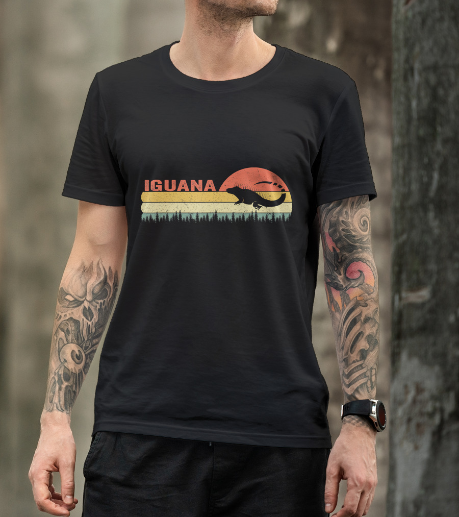 Iguana Silhouette Retro Sunset Forest Stripes T-Shirt