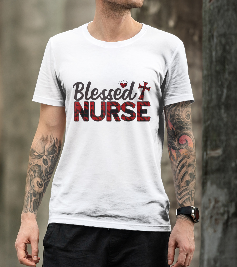 Blessed Nurse Plaid Heart Cross Christian T-Shirt