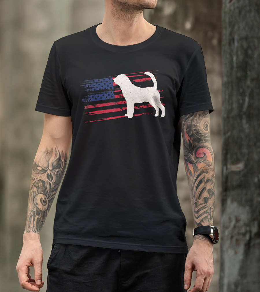 Bloodhound Puppy Silhouette With Distressed American Flag Background T-Shirt