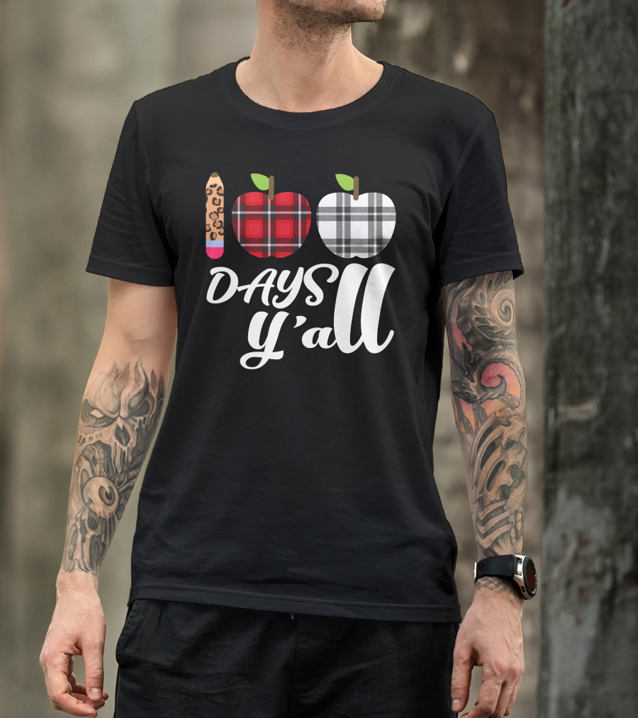 Buffalo Plaid Leopard Pencil 100 Days Y'all Apples T-Shirt