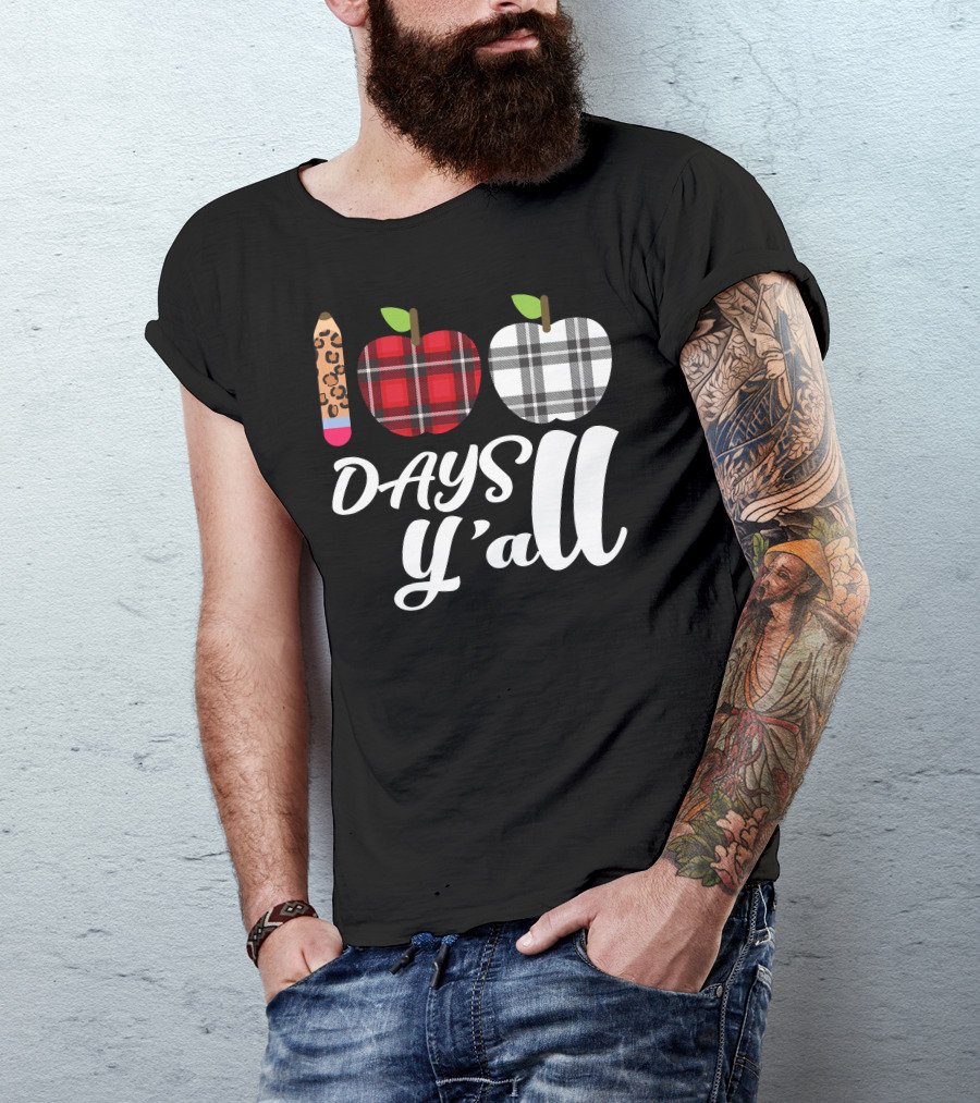 Buffalo Plaid Leopard Pencil 100 Days Y'all Apples T-Shirt