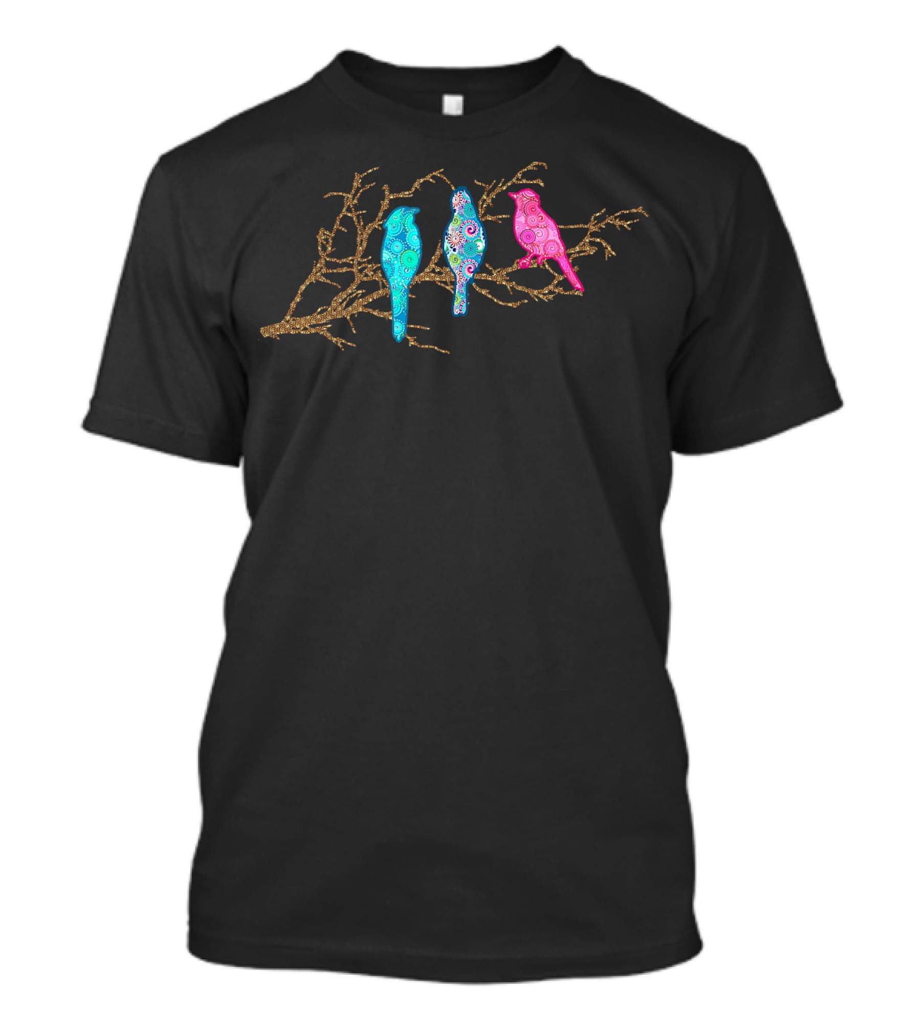 Three Colorful Paisley Applique Birds On Branch T-Shirt