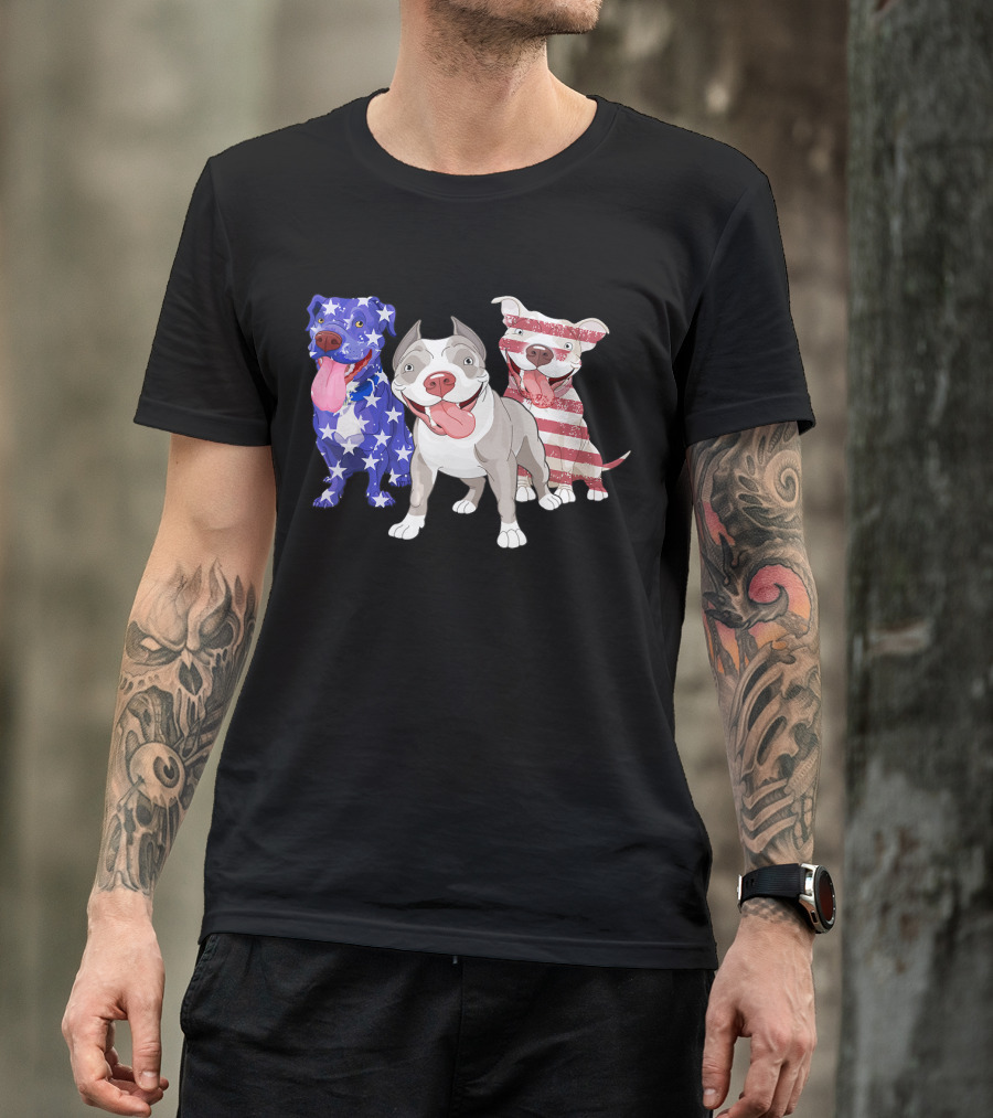Three Pitbulls American Flag July T-Shirt