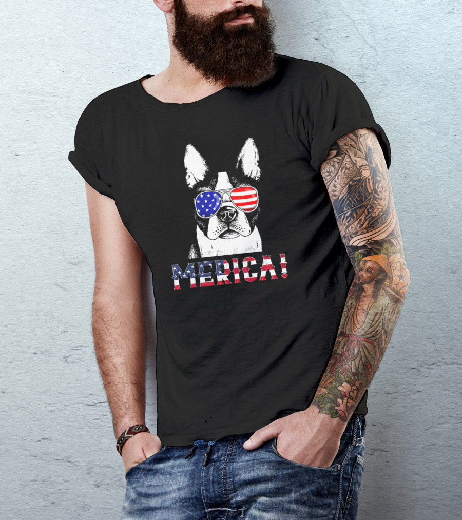MERICA USA Flag French Bulldog Sunglasses T-Shirt