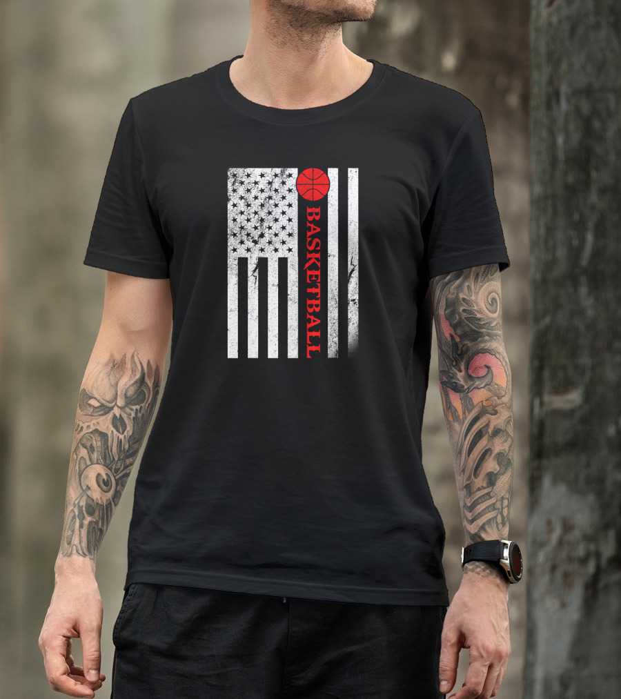 USA Red White Vintage American Flag Basketball T-Shirt