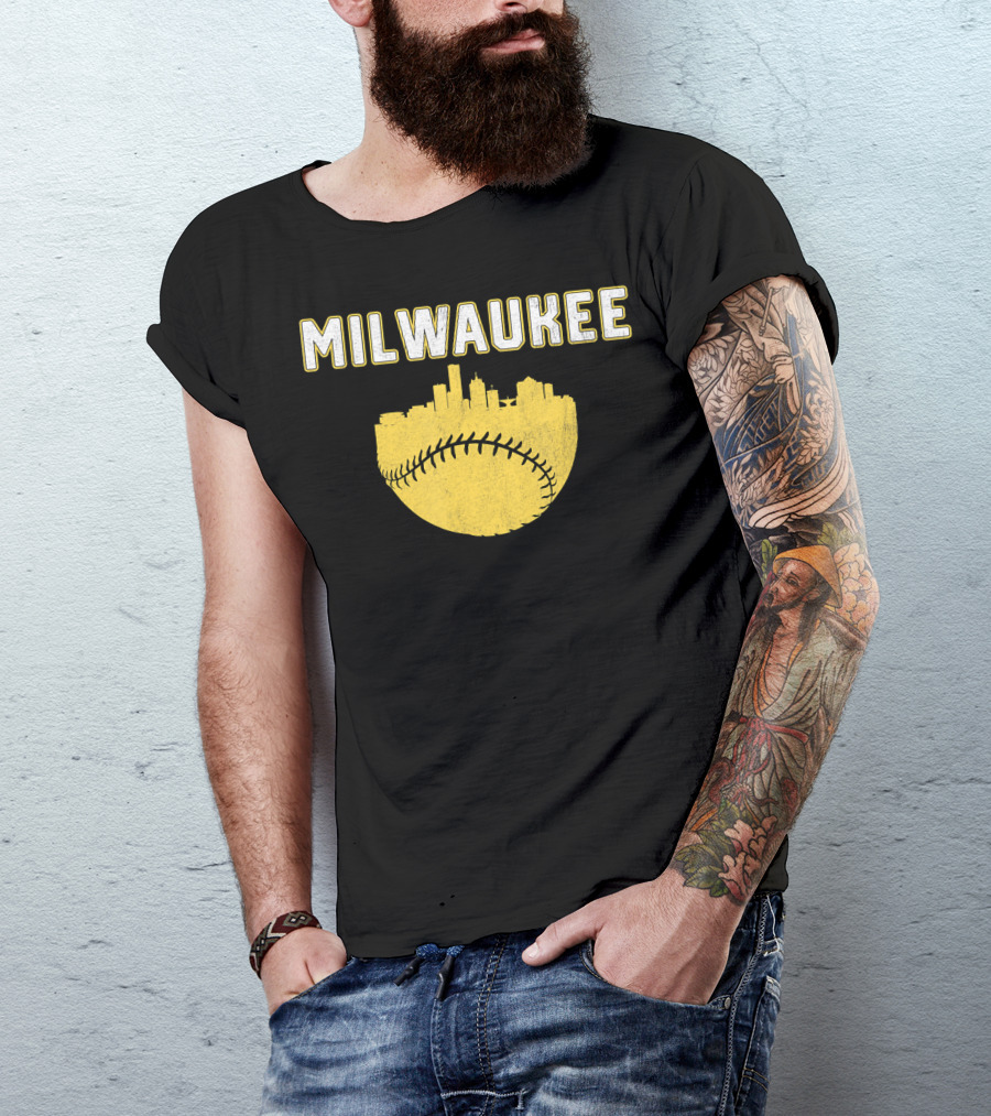 Milwaukee Wisconsin Cityscape Vintage Baseball Skyline T-Shirt