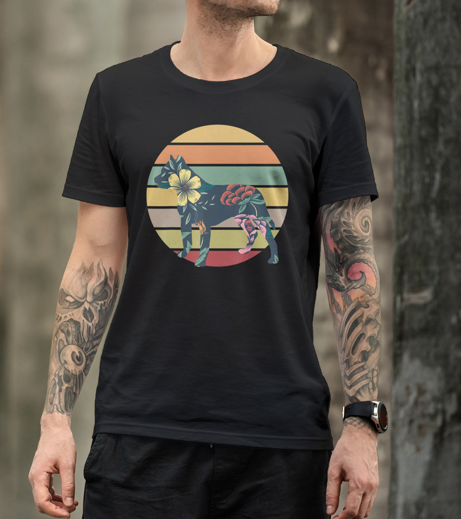 Vintage Floral Pitbull Silhouette Sunset Stripes T-Shirt