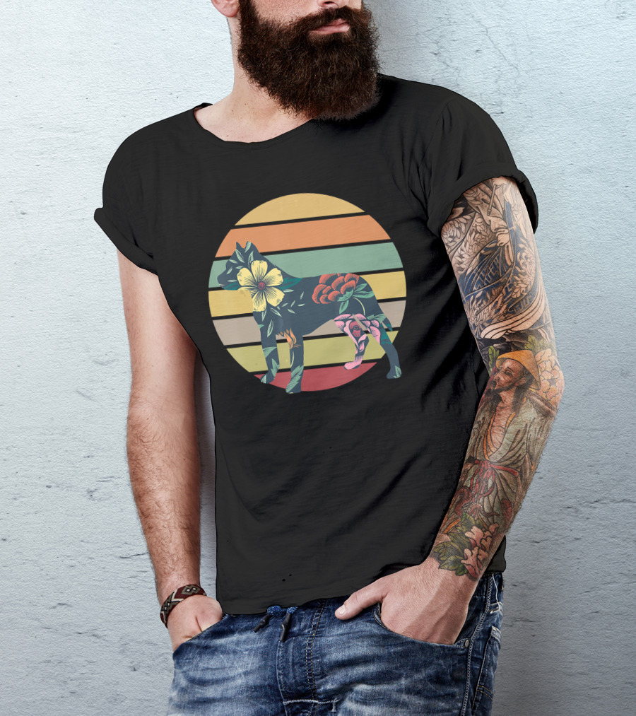 Vintage Floral Pitbull Silhouette Sunset Stripes T-Shirt