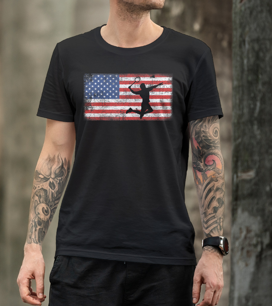 Vintage American Flag Badminton Player Silhouette Jumping Over T-Shirt