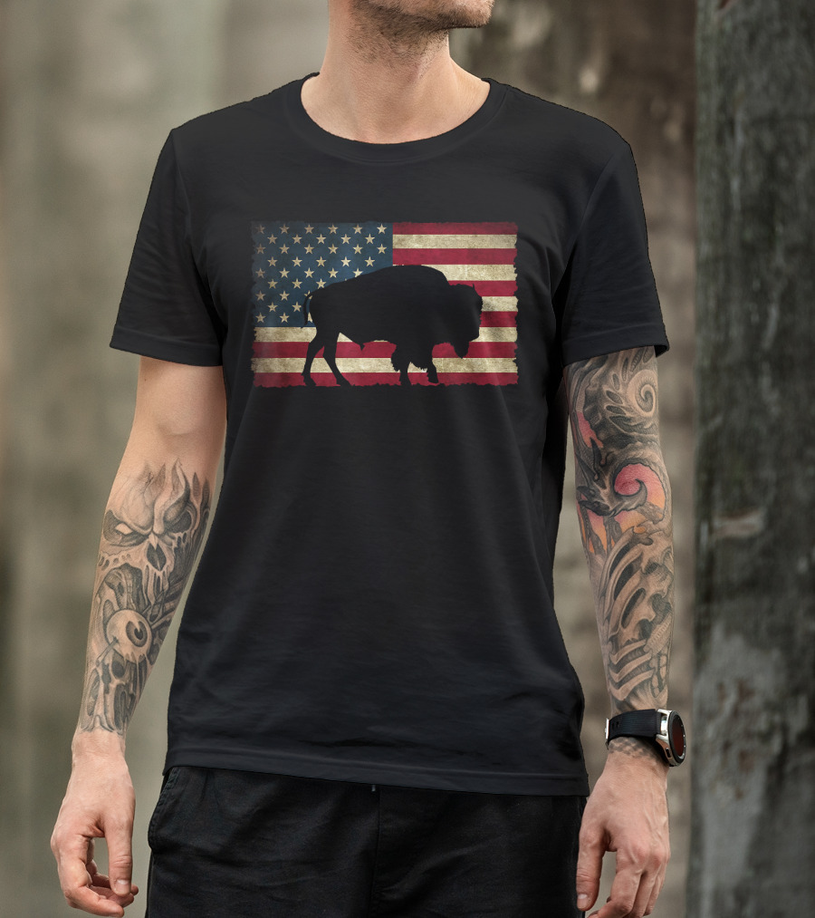 Vintage Buffalo Silhouette Over American Flag USA T-Shirt