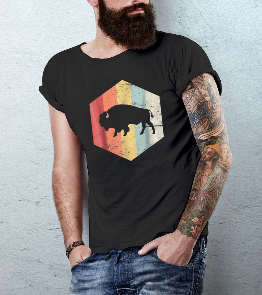 Vintage Buffalo Silhouette Retro Stripes Hexagon T-Shirt