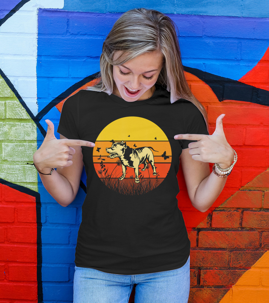 Vintage Pitbull Sun Animal With Butterflies And Birds T-Shirt