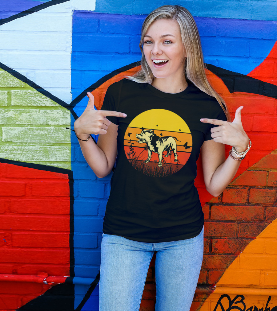 Vintage Pitbull Sun Animal With Butterflies And Birds T-Shirt