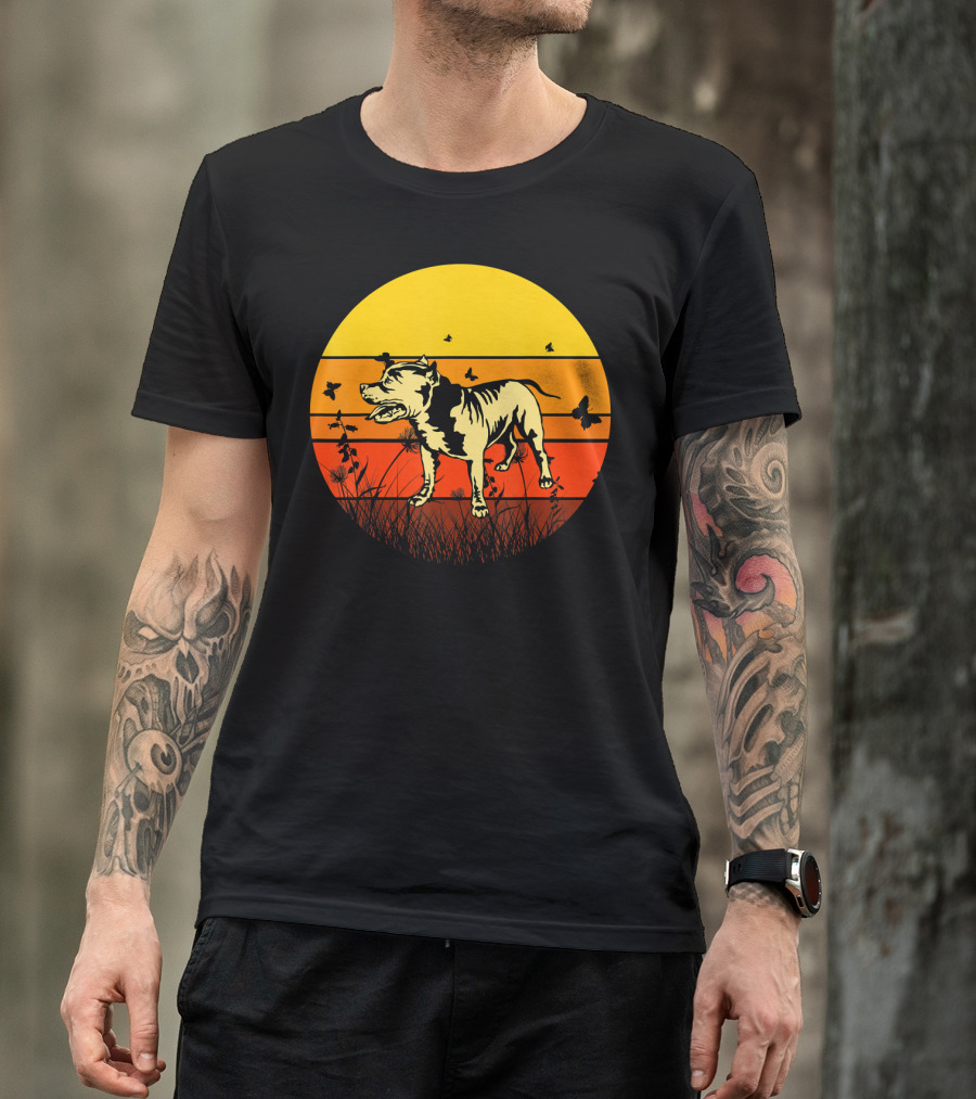 Vintage Pitbull Sun Animal With Butterflies And Birds T-Shirt