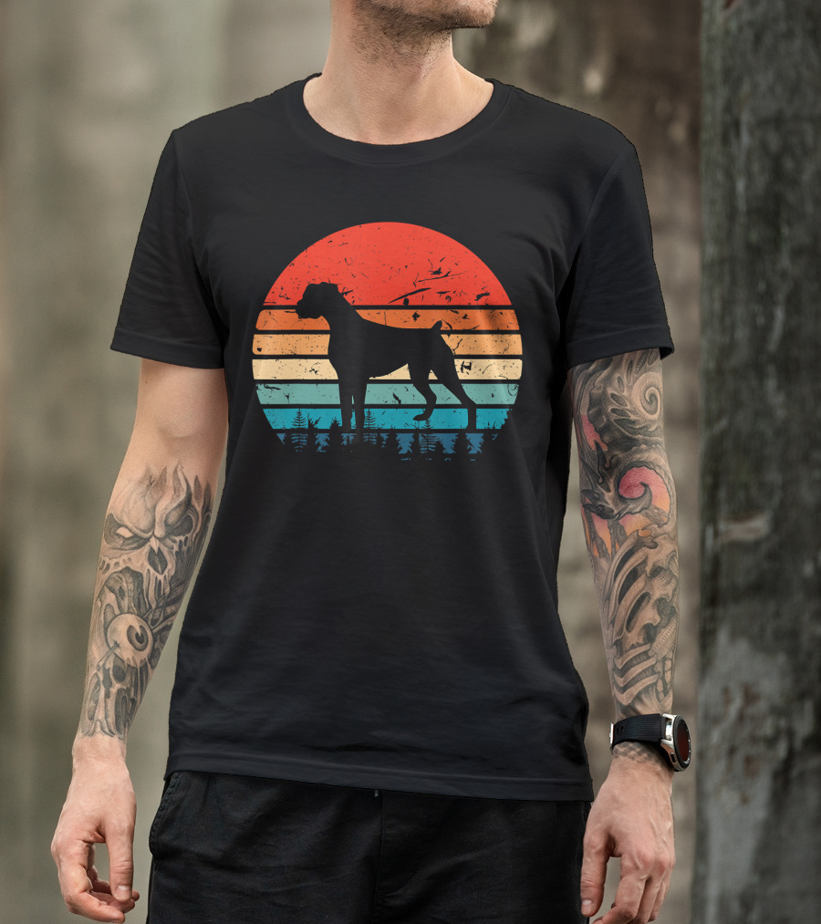 Vintage Boxer Dog Silhouette Retro Sunset Stripes Forest Scene T-Shirt