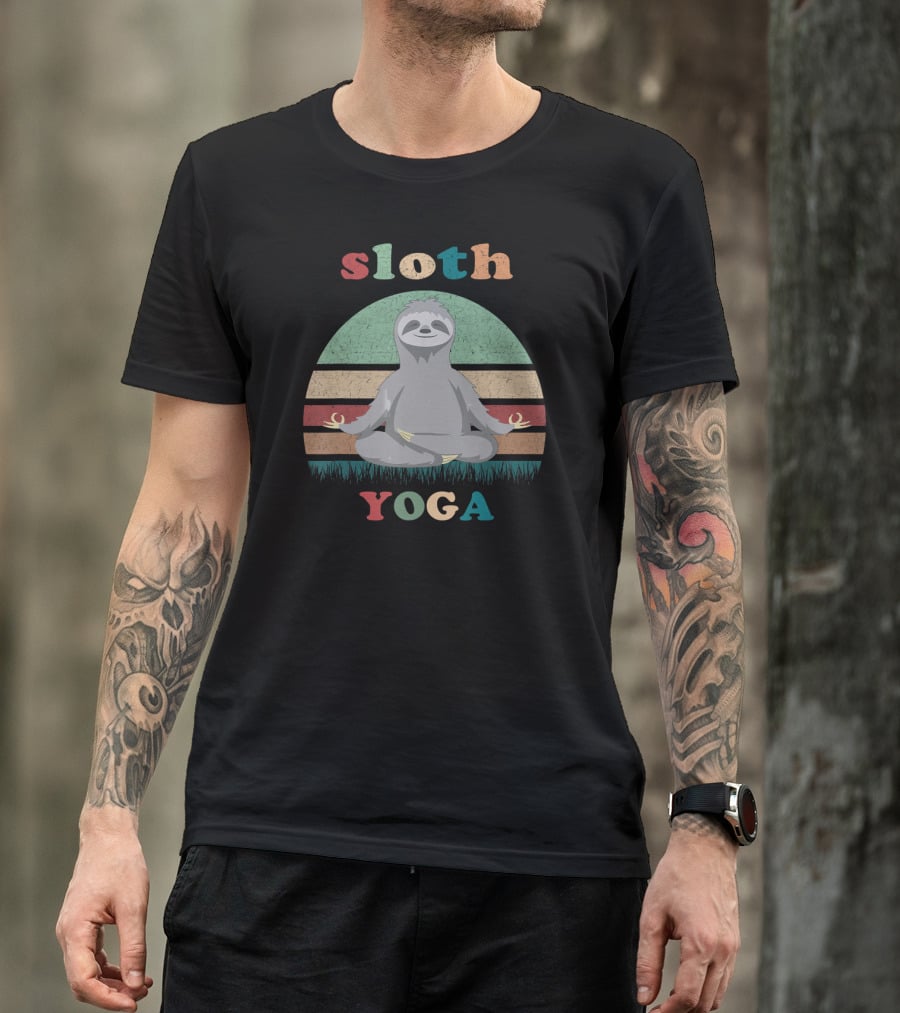 Sloth Yoga Vintage Retro Stripes Meditation Pose T-Shirt