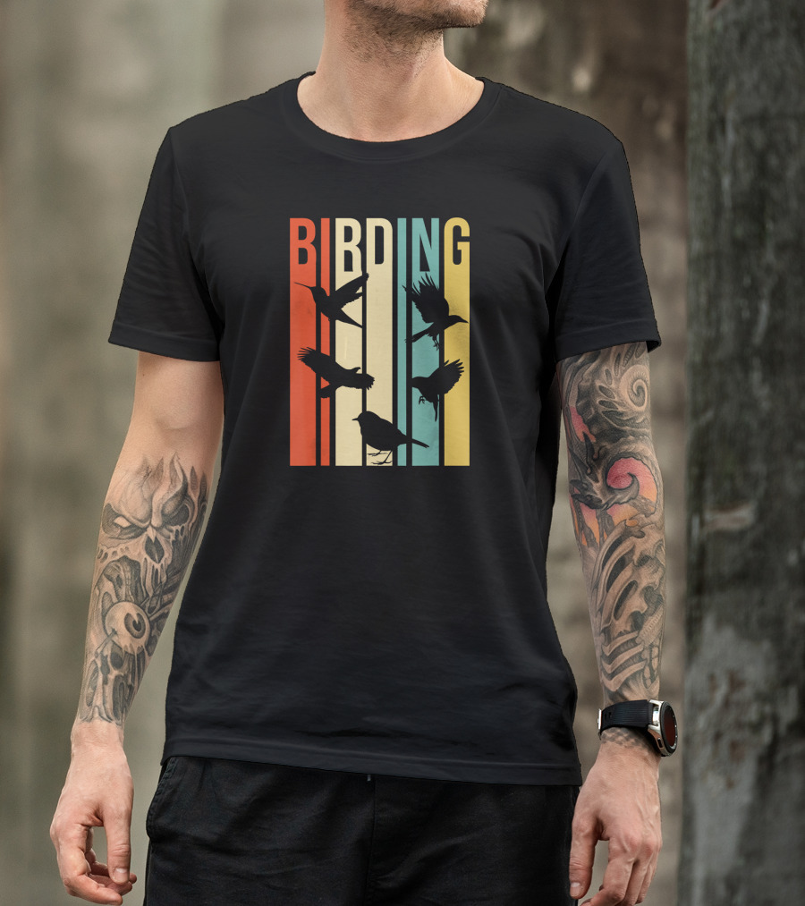 Vintage Style Birding For Birders With Bird Silhouettes On Colorful Stripes T-Shirt
