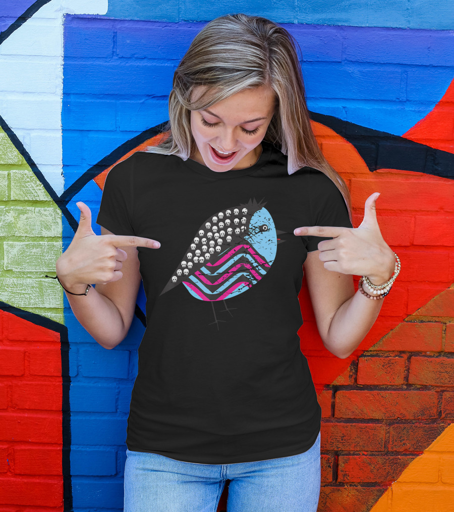 Weird Monster Tiny Bird With Skulls And Colorful Stripes T-Shirt