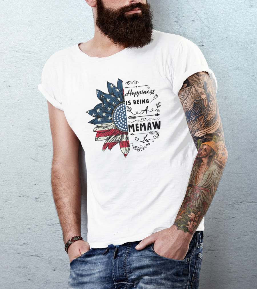 Happiness Is Being A Memaw Sunflower American Flag T-Shirt