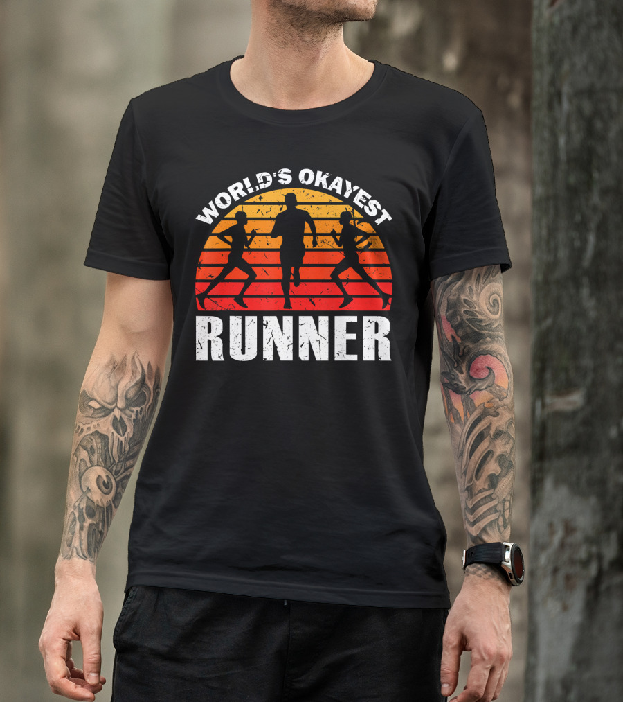 World's Okayest Runner Sunset Silhouette Sprinting Marathon T-Shirt