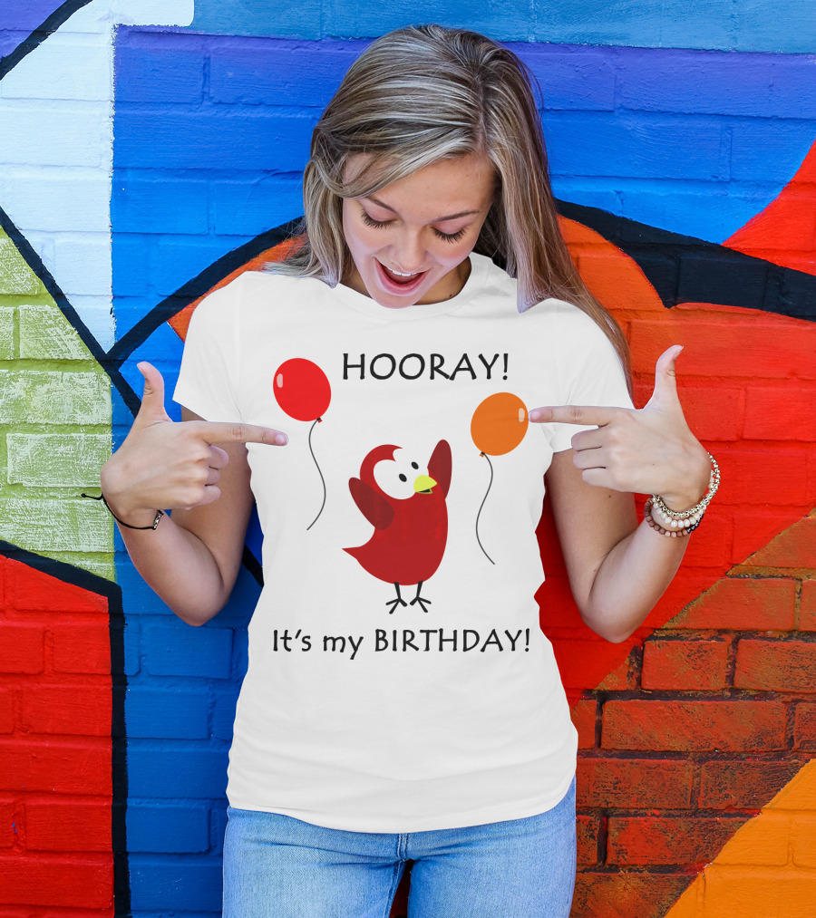 Hooray It's My Birthday Sammy Bird With Red And Orange Balloons T-Shirt