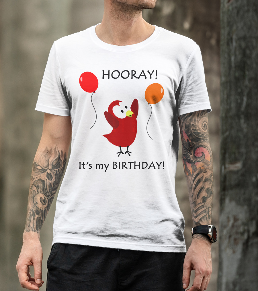 Hooray It's My Birthday Sammy Bird With Red And Orange Balloons T-Shirt