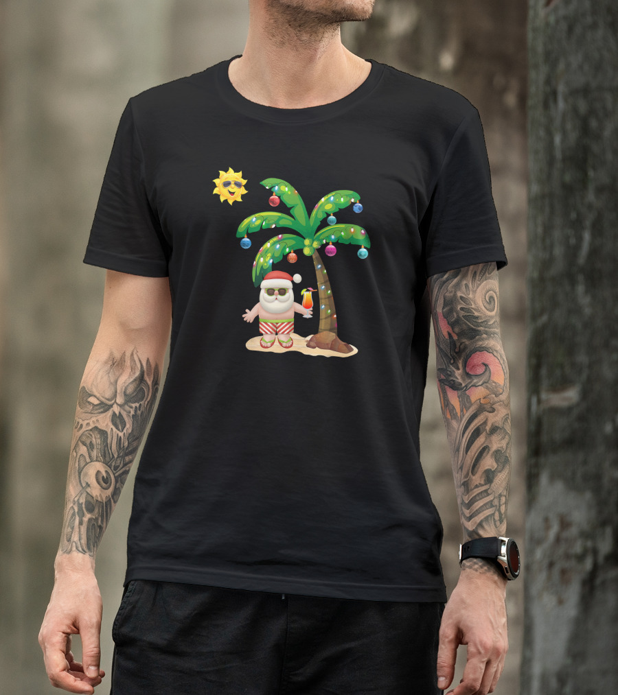 Summer Santa Claus Christmas Mele Tropical Palm Tree Festive Cocktail T-Shirt