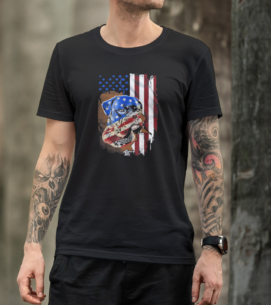 Tattoos Boxer Dog With American Flag Background T-Shirt