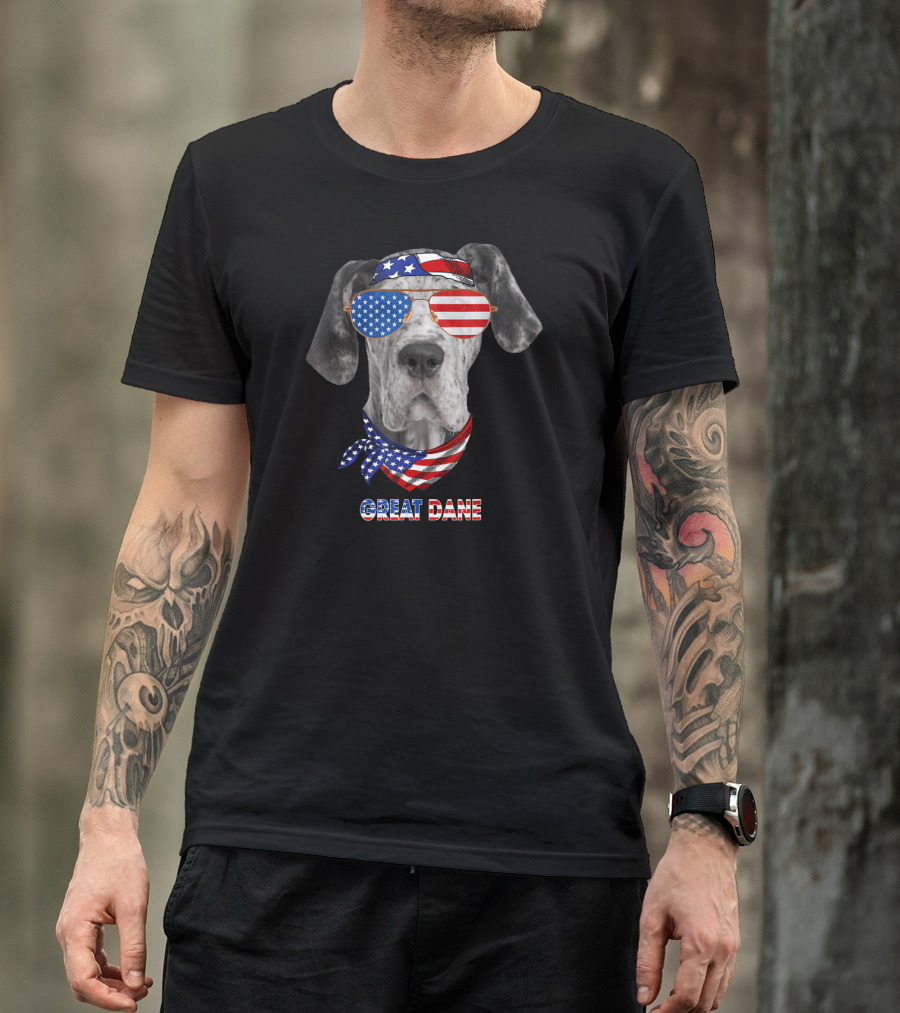 Great Dane Dog In American Flag Glasses And Bandana T-Shirt