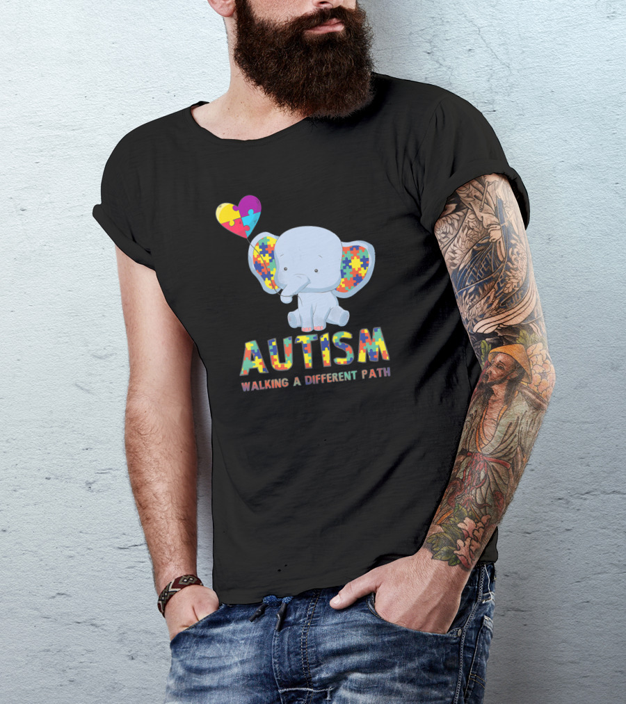 Autism Puzzle Piece Elephant Walking A Different Path T-Shirt