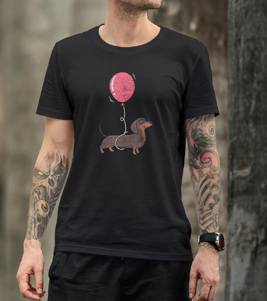 Balloon Dachshund Sketch With Red Balloon And Brown Dog Balloon Dachshund T-Shirt